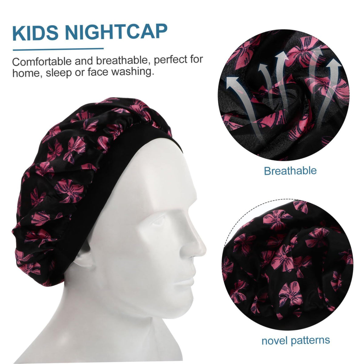 Two children's satin sleeping hats with colorful prints, elastic sleep caps designed for comfortable night wear and hair protection.