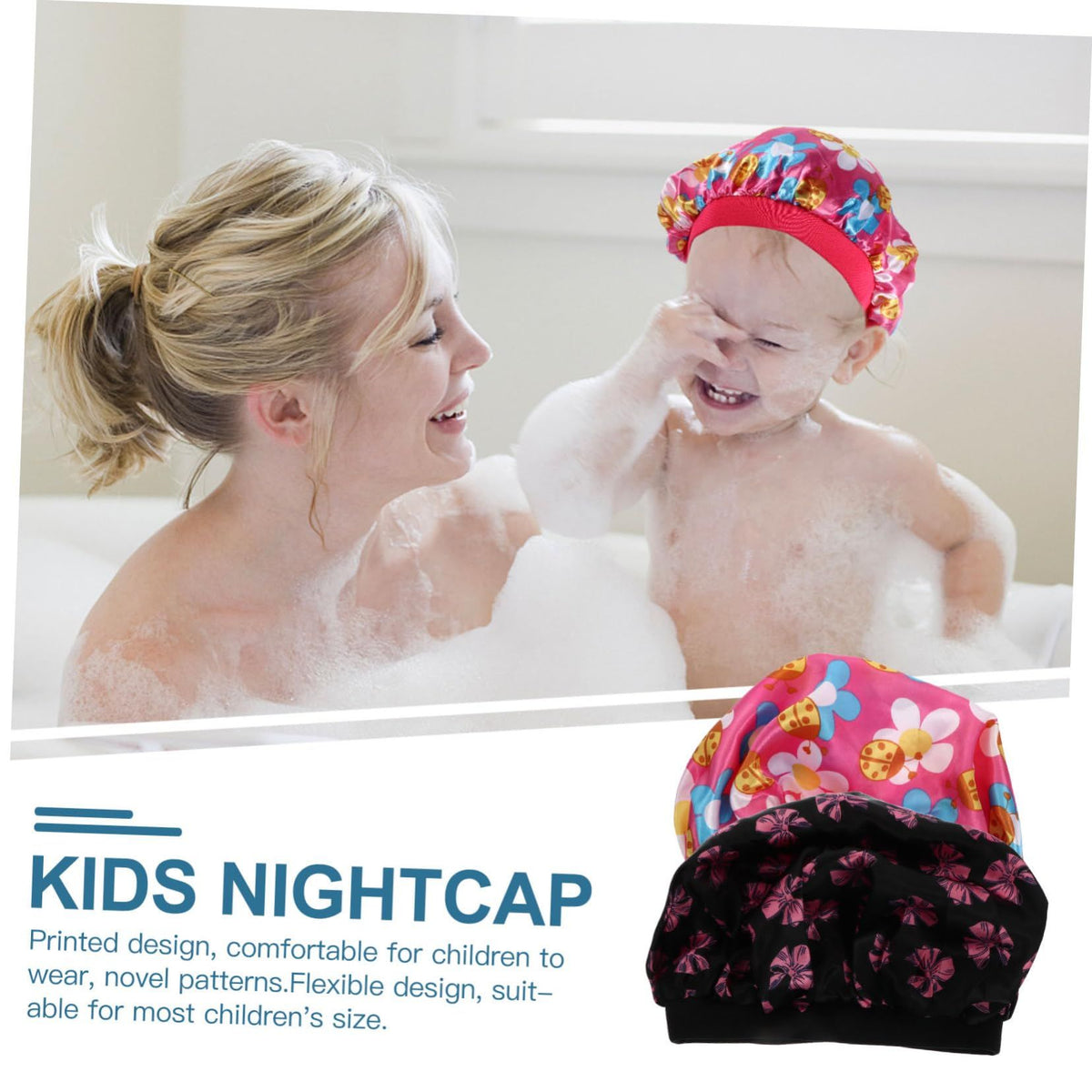 Two children's printed satin sleeping hats with elastic bands, designed for girls' sleepwear and hair protection during bedtime.