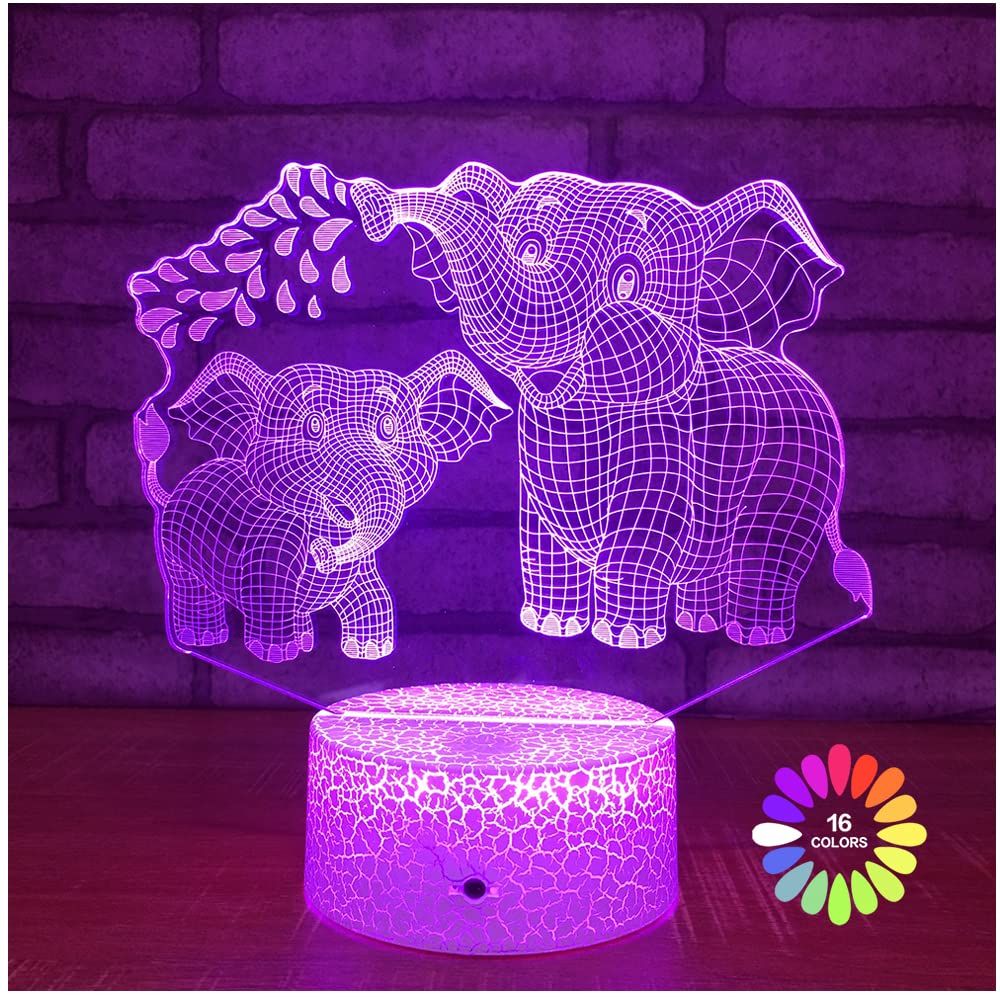 Elephant 3D night light for kids with 16 color options, remote control, and cute elephant design, suitable for children’s room decor.