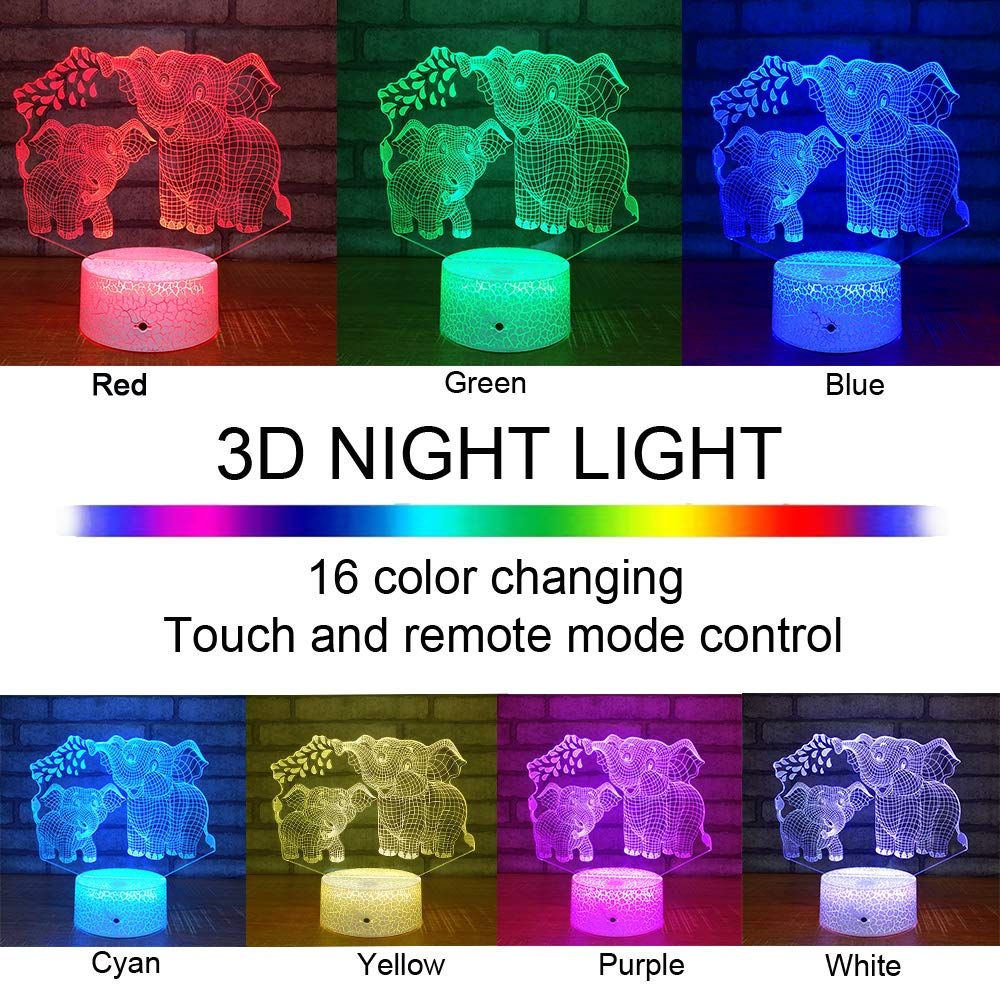 Elephant 3D night light for kids with 16 color options, remote control, and cute elephant design for children’s room decor.