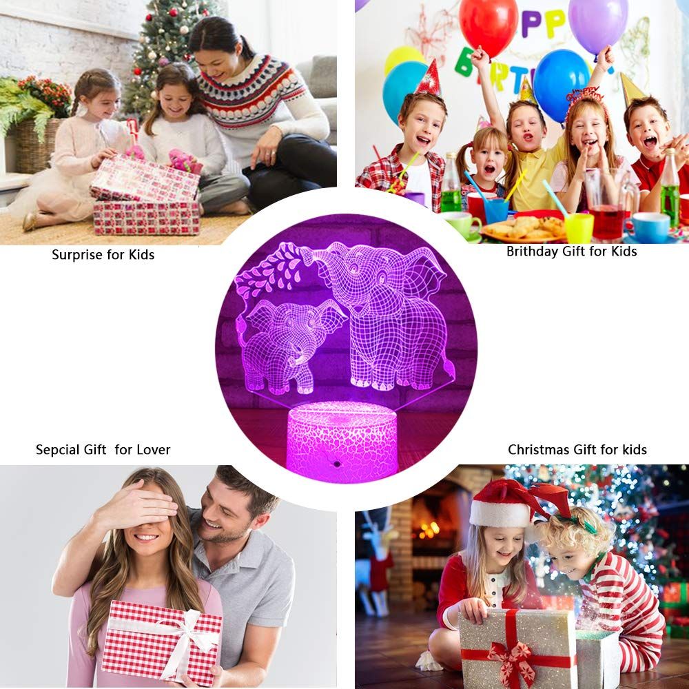 Elephant 3D night light for kids with 16 color options, remote control, and adorable elephant design for children’s room decor.