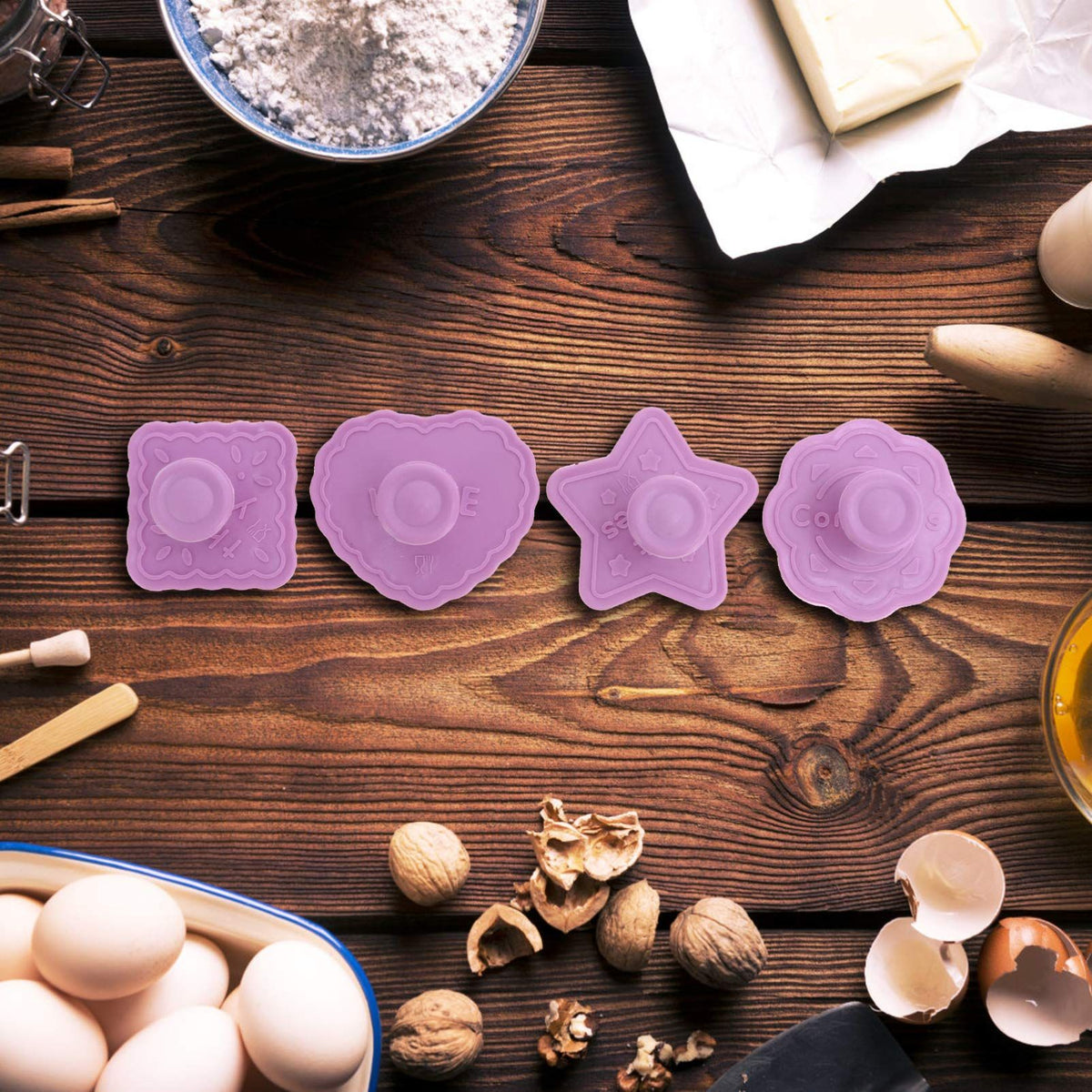 Four 3D pressing biscuit molds by Everything Baby, cartoon-themed baking molds for DIY biscuits and baking fun.