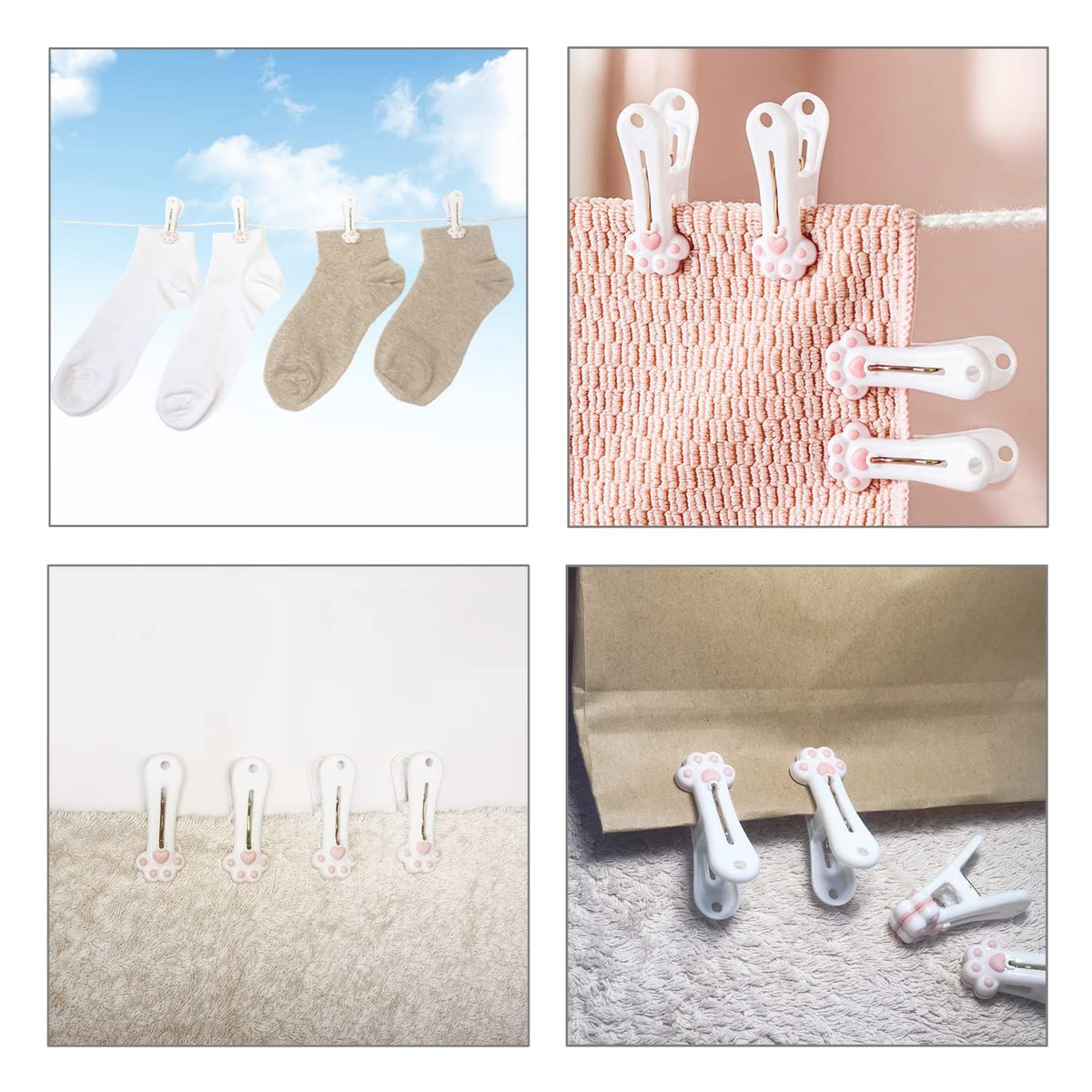 Set of 12 grey plastic clothespins with cute cat paw pattern, strong grip laundry and snack bag clips by Everything Baby