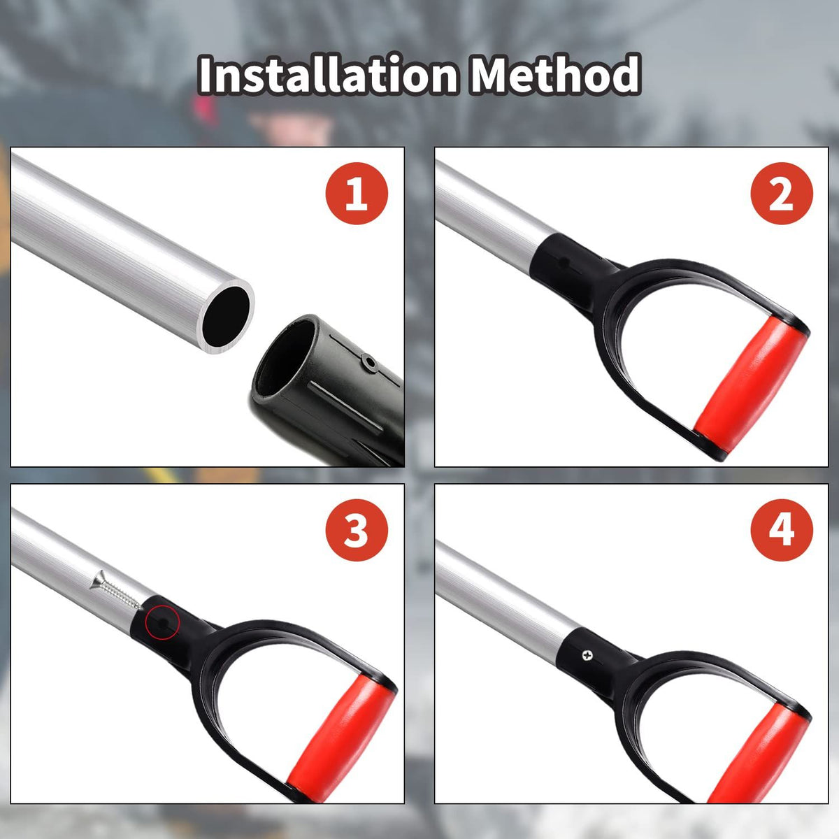 Red and black PVC snow shovel replacement handle for garden and outdoor play equipment, suitable for digging and raking tasks.