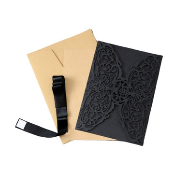 Black laser-cut Halloween invitation cards with hollow designs, part of a 2-piece set for party invitations by Everything Baby.