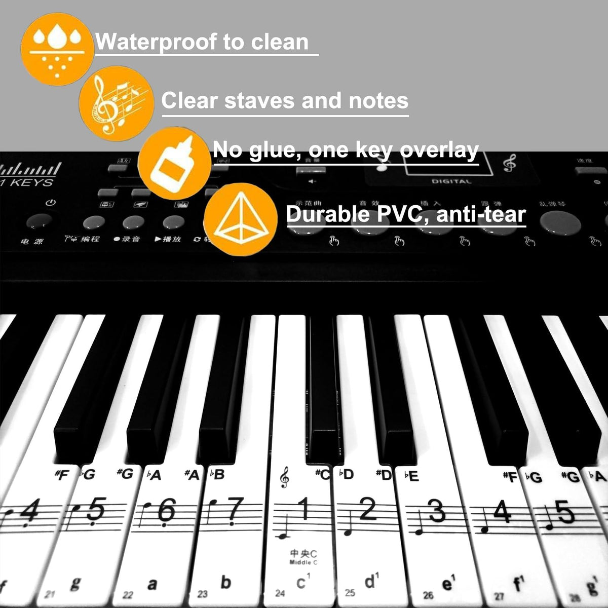 Transparent piano keyboard stickers for kids, removable and easy to apply, designed to help children learn piano skills.