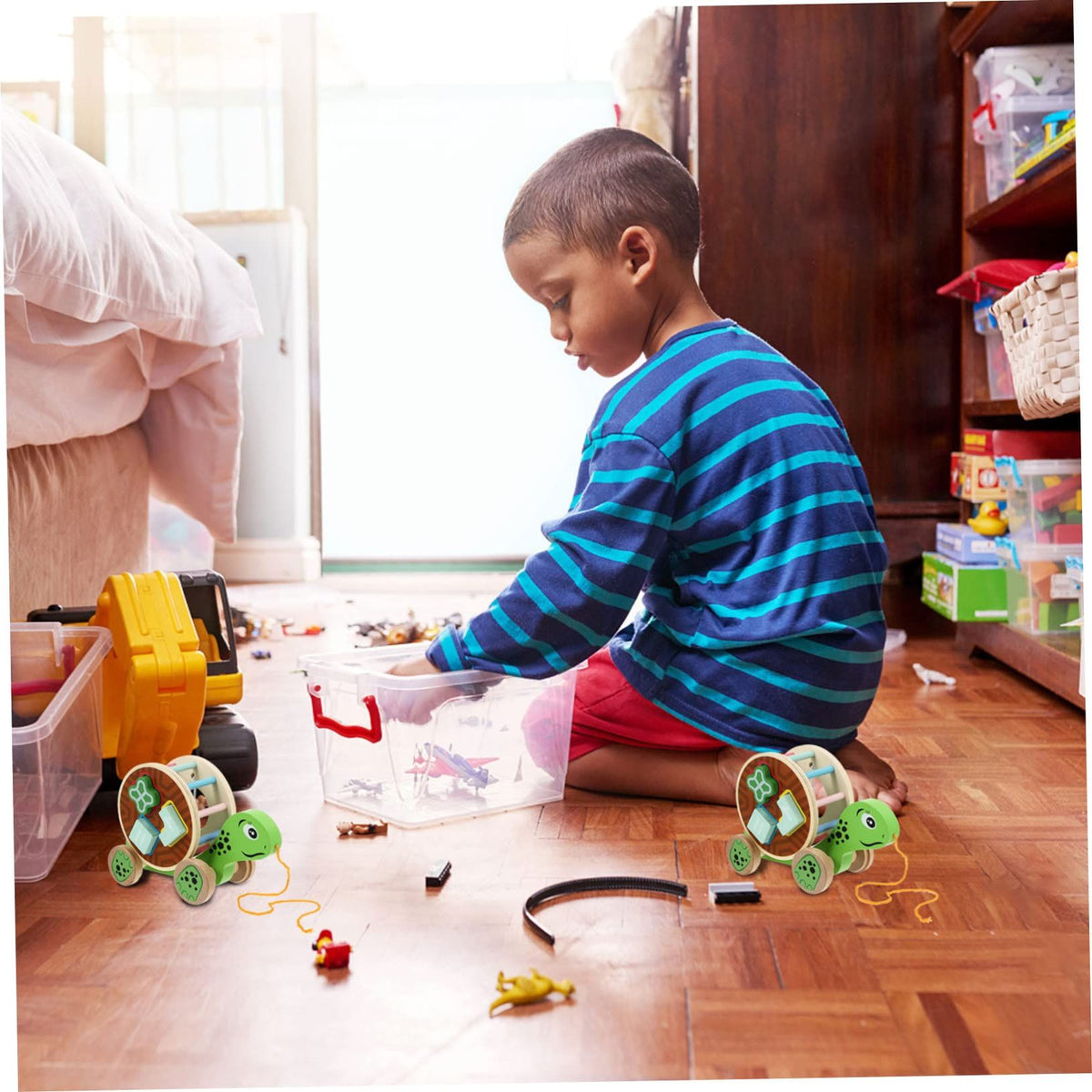 Baby & Kids ride-on toy car by Everything Baby with a cable trolley pull-along trailer for sensory play and learning fun.