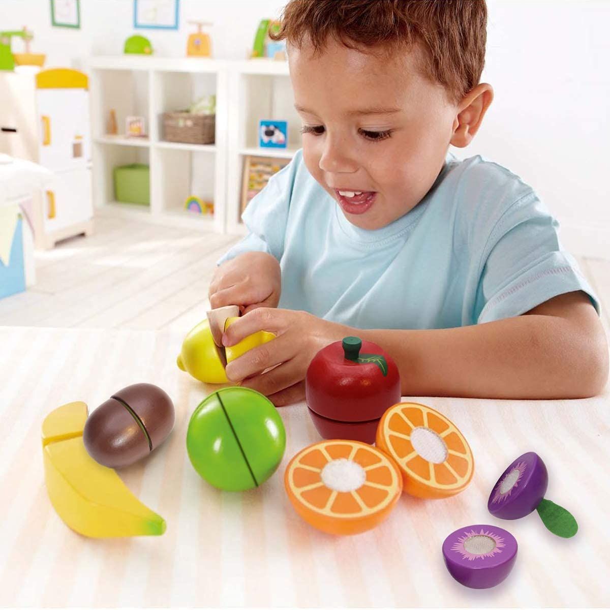 Set of 15 pretend play food toys including cutting fruits and vegetables for kids, educational kitchen play by Everything Baby.