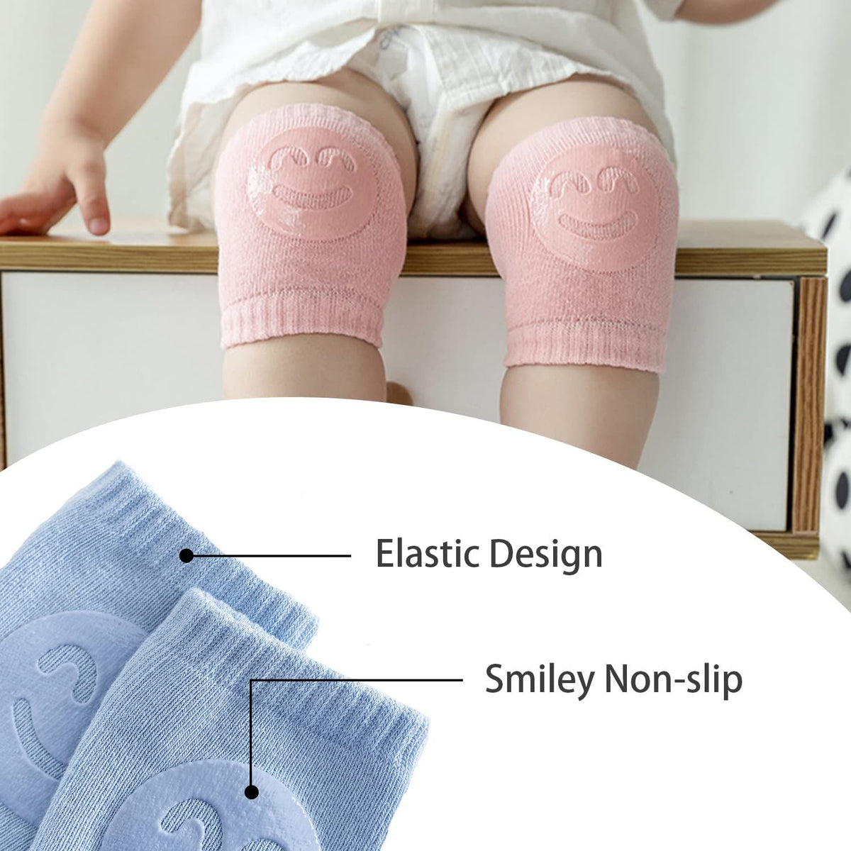 Three pairs of baby knee pads from Everything Baby, soft and protective for crawling and walking toddlers girl and boy.