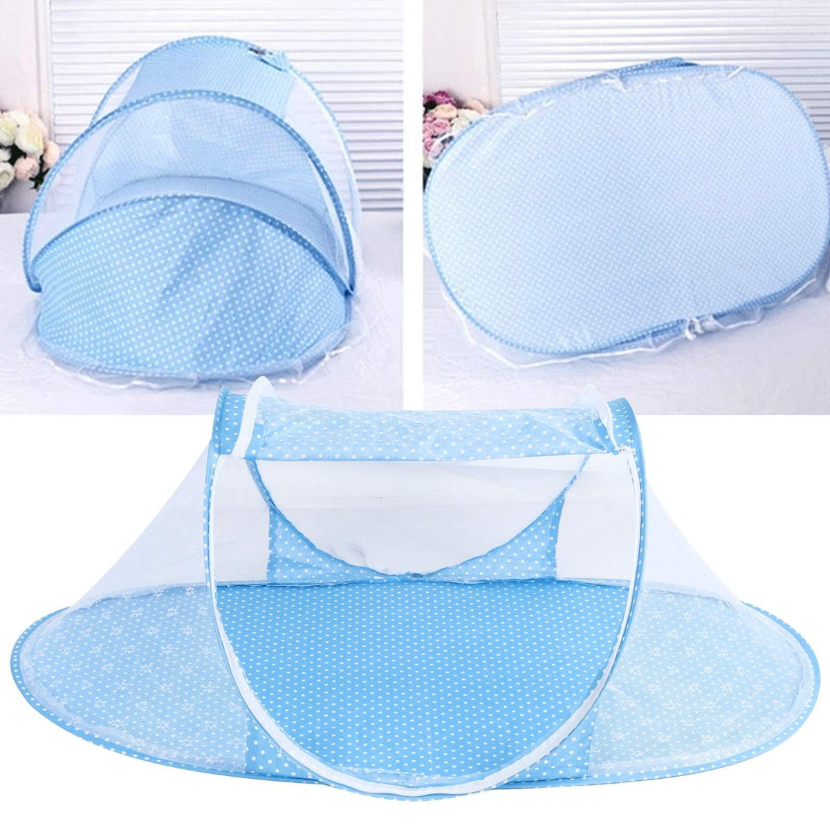 Blue folding baby mosquito net for cribs, portable infant bed netting, breathable summer bedding for babies and toddlers.