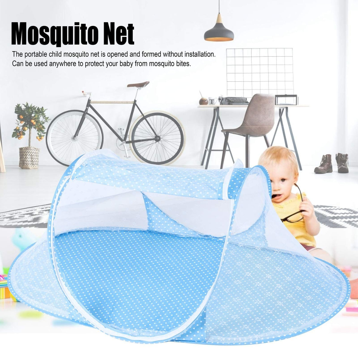Blue folding baby mosquito netting from Everything Baby, portable infant bed net for summer use over cribs and toddler beds.