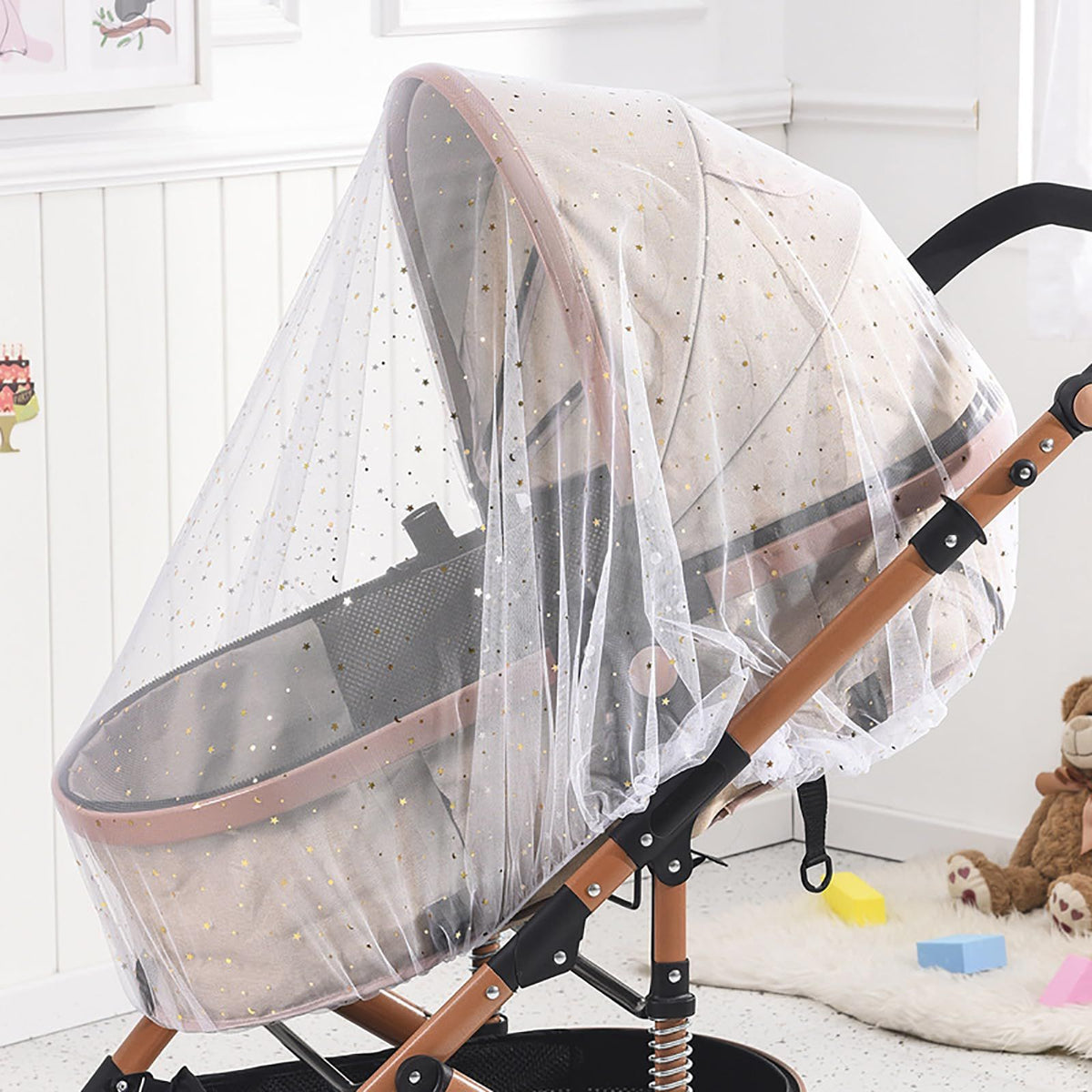 Portable mosquito net for strollers by Everything Baby, breathable bug cover for baby prams, bassinets, and mini cribs.