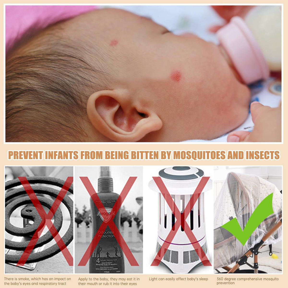 Portable mosquito net for baby stroller by Everything Baby, breathable netting cover to protect infants from bugs and insects.