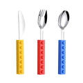 Set of three toddler utensils including fork, spoon, and knife with interlocking brick design, suitable for young children.