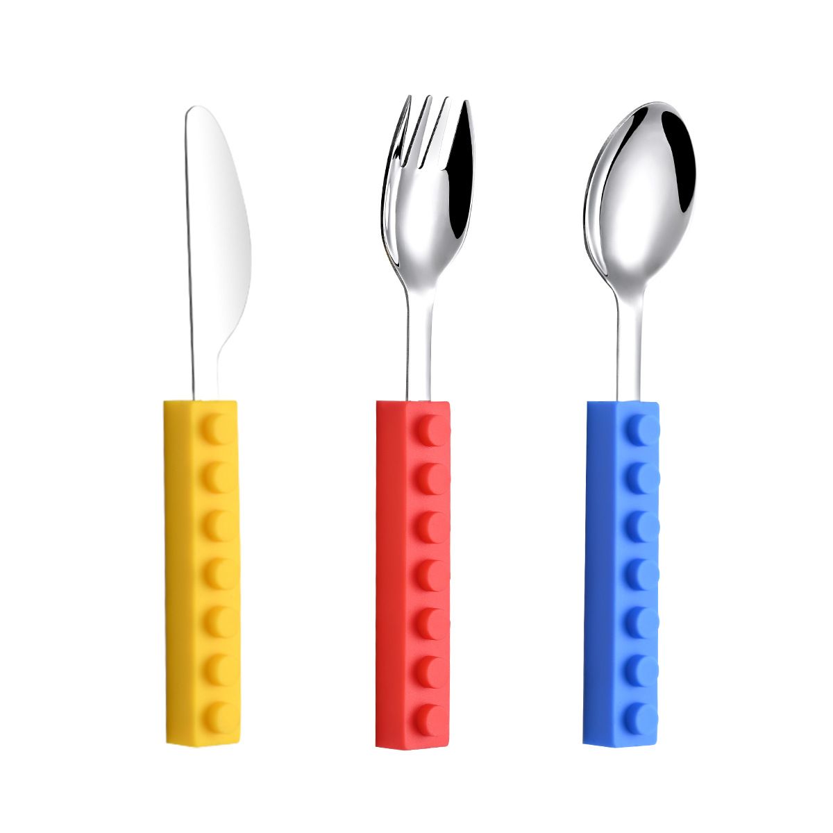 Set of three toddler utensils including fork, spoon, and knife with interlocking brick design, suitable for young children.