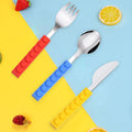Set of 3 toddler utensils including fork, spoon, and knife with interlocking brick design from Everything Baby, suitable for kids.