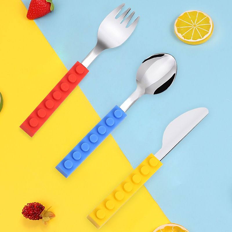 Set of 3 toddler utensils including fork, spoon, and knife with interlocking brick design from Everything Baby, suitable for kids.