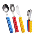 Set of 3 toddler utensils and interlocking brick toys featuring a fork, spoon, and knife for kids, in a silverware and toy combo.