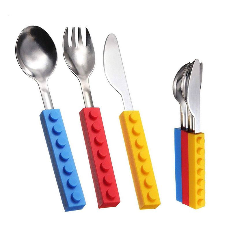 Set of 3 toddler utensils and interlocking brick toys featuring a fork, spoon, and knife for kids, in a silverware and toy combo.