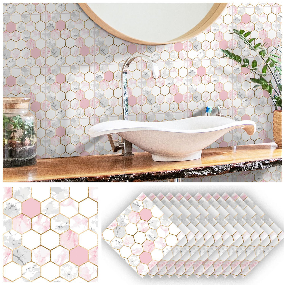 Set of 12 peel and stick marble backsplash tiles for kitchen and bathroom walls, self-adhesive DIY home decor.