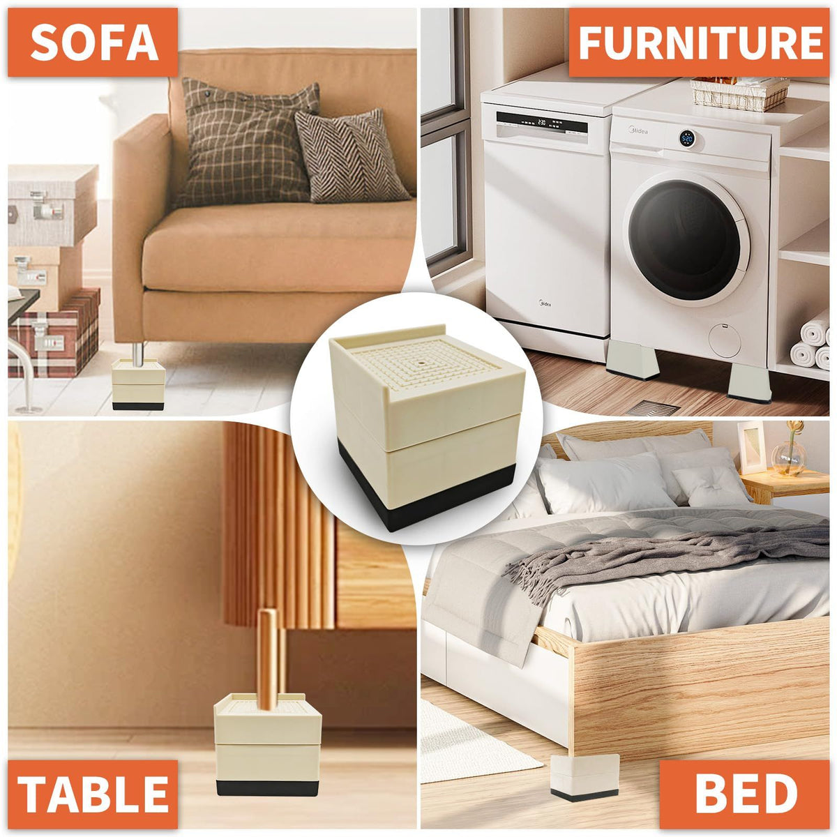 8-piece heavy-duty bed lift risers by Everything Baby, furniture elevator blocks for beds, couches, desks, and tables.