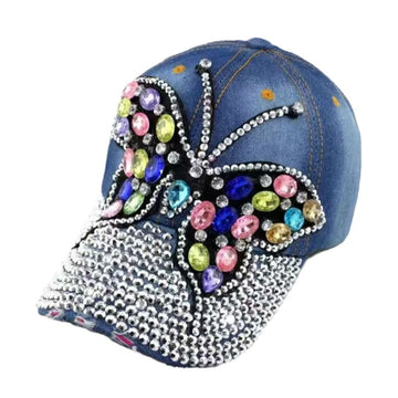 Two colorful butterfly-themed women's baseball caps with crystal accents, shiny diamond buckles, denim material, perfect for summer.