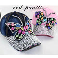 Colorful women's full crystal shiny denim cap with diamond buckle and butterfly design, perfect for summer fashion.