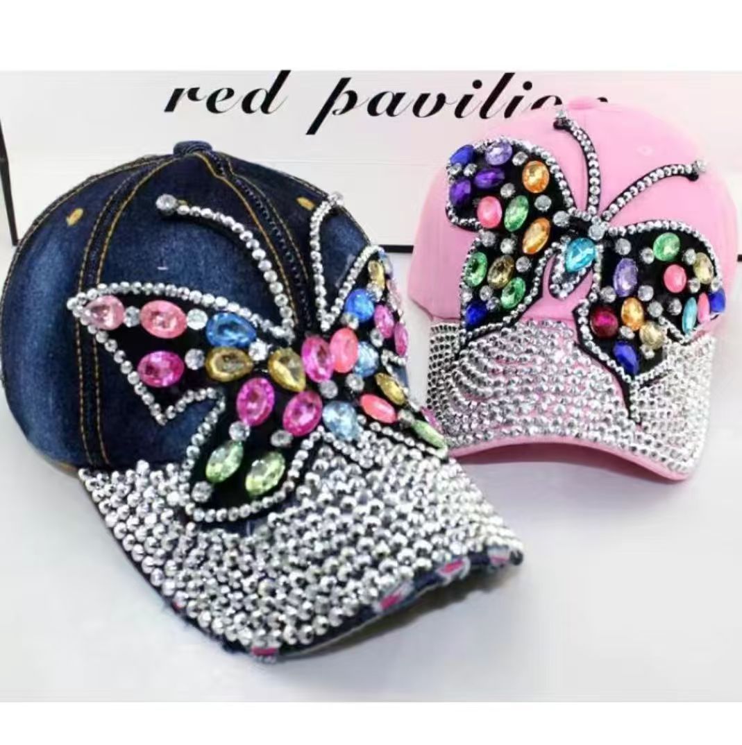 Colorful women's full crystal shiny denim cap with diamond buckle and butterfly design, perfect for summer fashion.