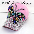 Colorful women's crystal cap with shiny diamond buckle and butterfly design, perfect for summer; includes two bling baseball caps.