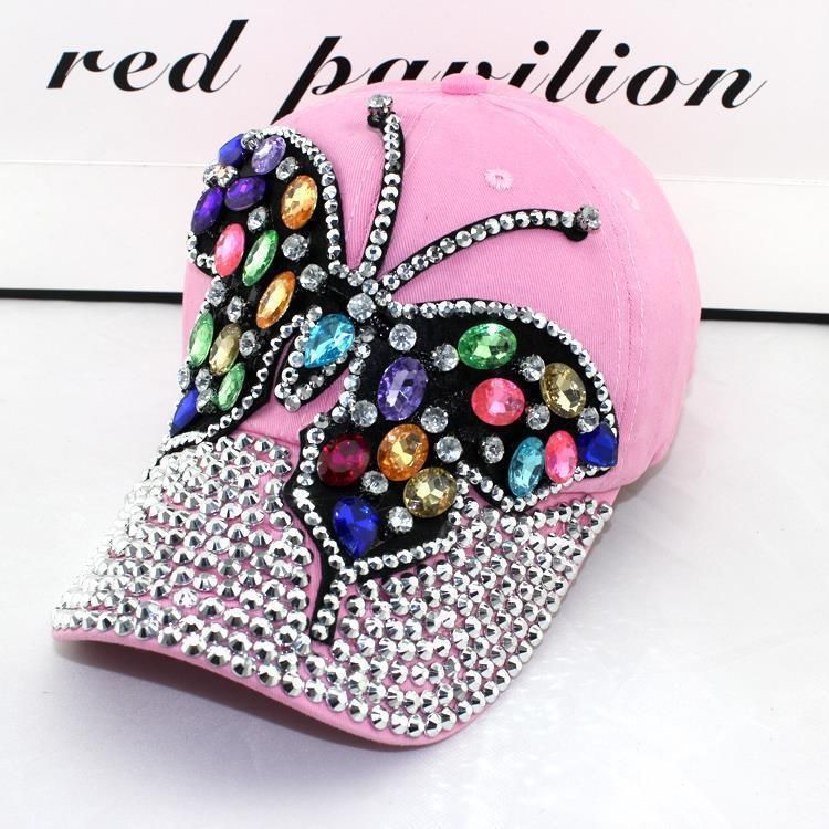 Colorful women's crystal cap with shiny diamond buckle and butterfly design, perfect for summer; includes two bling baseball caps.