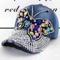 Women's full crystal colorful cap with shiny diamond buckle back, butterfly design bling baseball hat for summer, includes 2pcs.