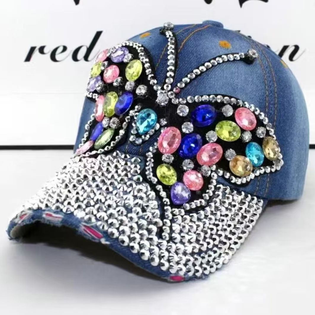 Women's full crystal colorful cap with shiny diamond buckle back, butterfly design bling baseball hat for summer, includes 2pcs.