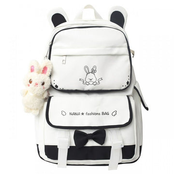 Black kawaii girl backpack with plush doll pendant, cute aesthetic schoolbag for teen girls, featuring colorful straps and playful design.