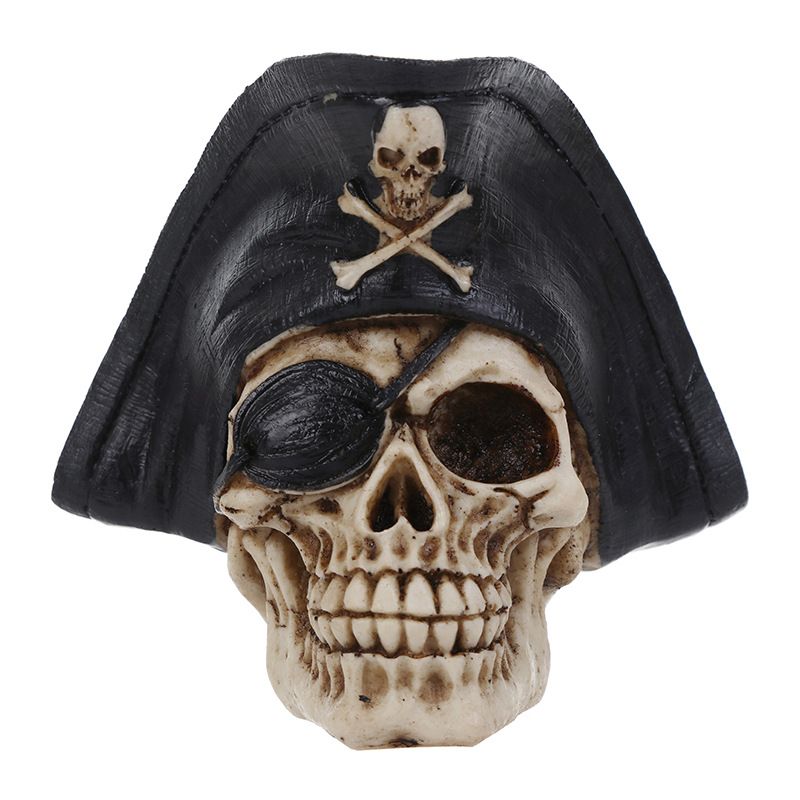 Realistic resin human skull sculpture with pirate details, suitable as a ghostly skeleton figurine for kids' playsets or decorations.