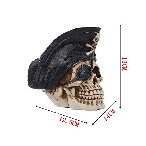 Realistic resin skull sculpture featuring a human skull with pirate details, suitable for decorative or play display.