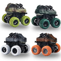 Four Dinosaur-themed pull-back toy cars for kids, durable friction-powered ride-on vehicles with rotating wheels for toddlers.