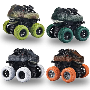 Four Dinosaur-themed pull-back toy cars for kids, durable friction-powered ride-on vehicles with rotating wheels for toddlers.