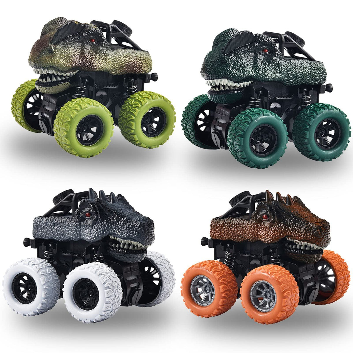 Set of four Dinosaur Truck toys for kids, durable friction-powered pull back vehicles with rotating wheels for toddlers.