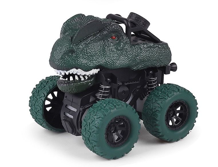 Four dinosaur-themed pull-back toy trucks for kids, durable friction-powered vehicles with four-wheel drive for toddlers.