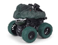Set of four dinosaur-themed pull-back toy trucks for kids, featuring durable friction drive and four-wheel rotation for toddlers.