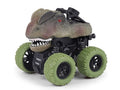 Set of four dinosaur-themed pull-back toy trucks for kids, durable friction-powered ride-on vehicles with four-wheel drive.