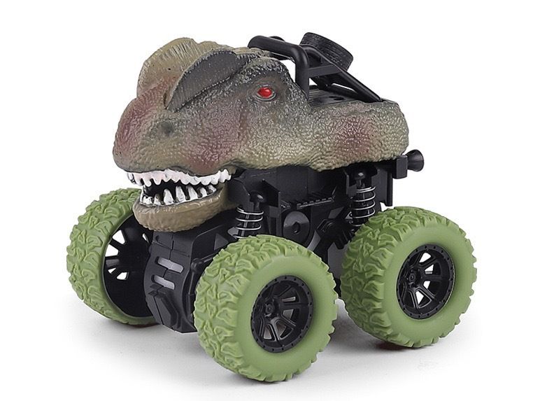 Four colorful dinosaur-themed pull-back truck toys for kids, durable friction-powered ride-on vehicles with rotating wheels for toddlers.