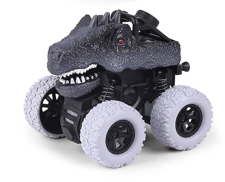 Four dinosaur-themed pull-back toy cars for kids, durable friction-powered ride-on vehicles with rotating wheels for toddlers.