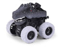 Set of four dinosaur-themed pull-back toy trucks for kids featuring durable friction-powered wheels, perfect for toddlers.
