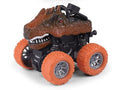 Four dinosaur-themed pull-back toy cars for kids with rotating wheels, friction-powered ride-on vehicles for toddlers.