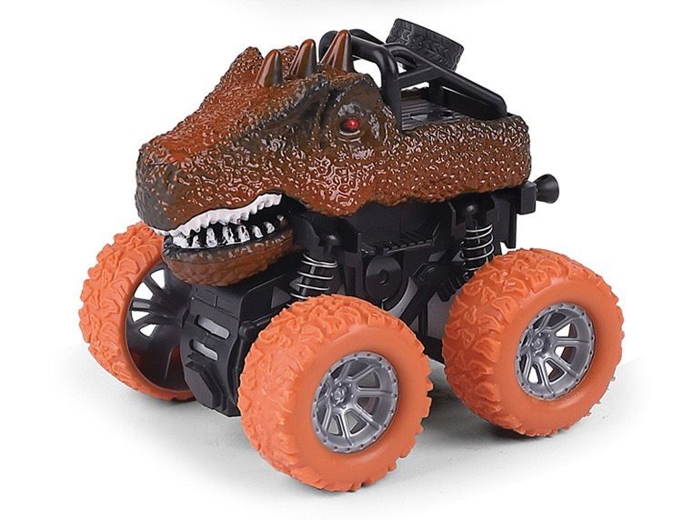 Four dinosaur-themed pull-back toy cars for kids with rotating wheels, friction-powered ride-on vehicles for toddlers.