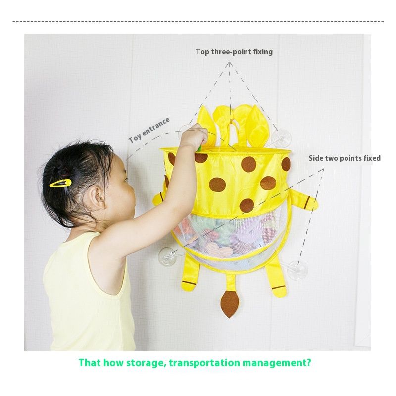 Mesh bathroom toy storage bag by Everything Baby, designed for kids and pets, hangs in the bathtub for organization.