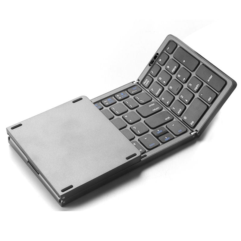 Wireless foldable Bluetooth keyboard with number pad, portable compact design, suitable for travel and compatible with various devices.
