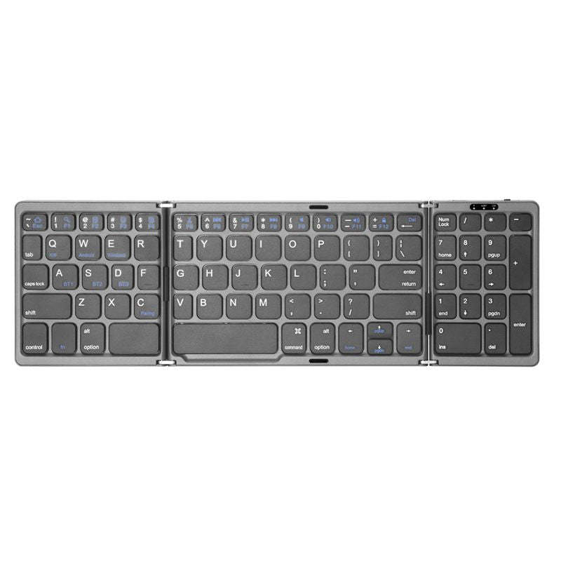 Wireless foldable Bluetooth keyboard with number pad, compact and portable, designed for travel and easy to use with electronic devices.