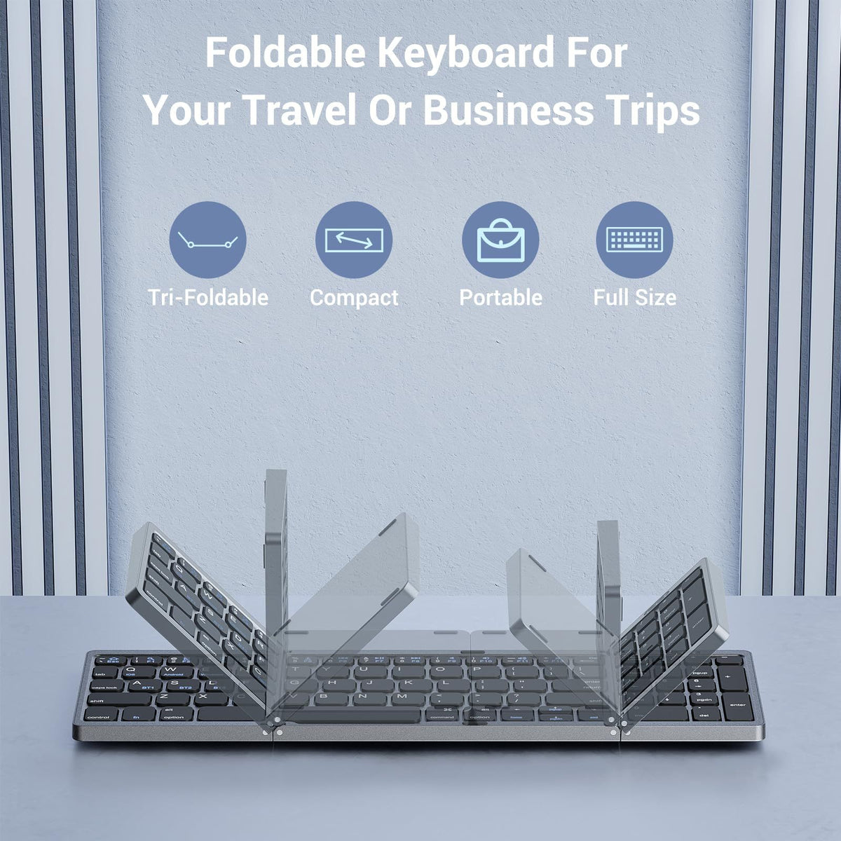 Wireless foldable Bluetooth keyboard with number pad, portable compact design, suitable for travel and easy to carry.